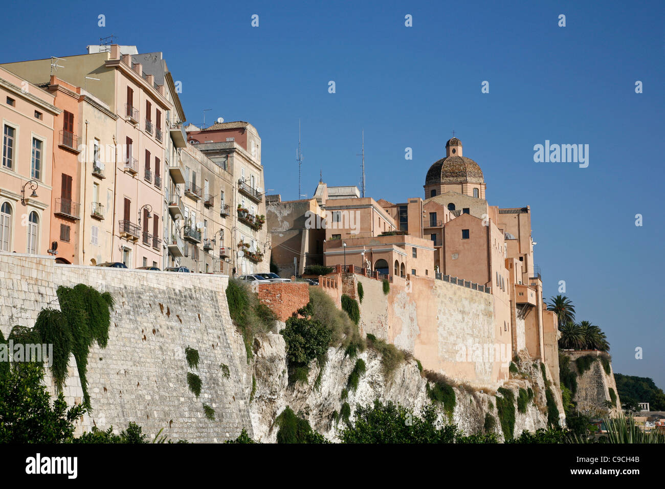 View over the city walls and Santa Maria Cathedral at the Castello area, Cagliari, Sardinia, Italy. Stock Photo