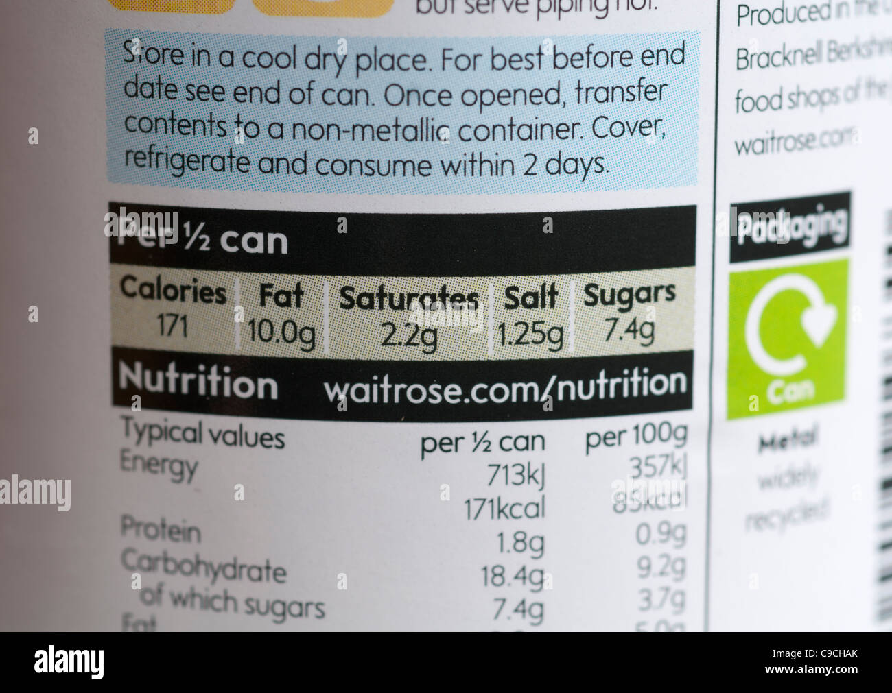 Product information on Waitrose cream of tomato soup label Stock Photo