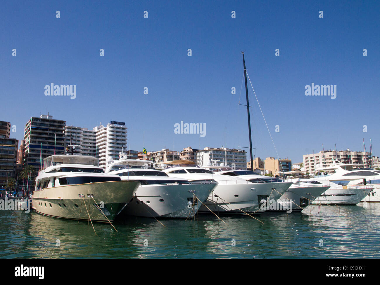 superyacht luxury motor boats moored in port of Palma de Mallorca Majorca Balearic Spain Stock Photo