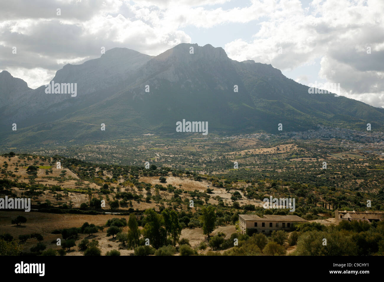 View over Oliena and the Supramonte mountain range, Nuoro Province, Sardinia, Italy. Stock Photo