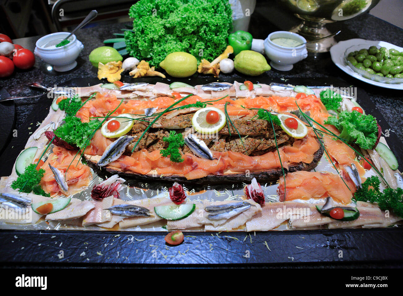 closeup of cold fish buffet at german wedding party germany europe