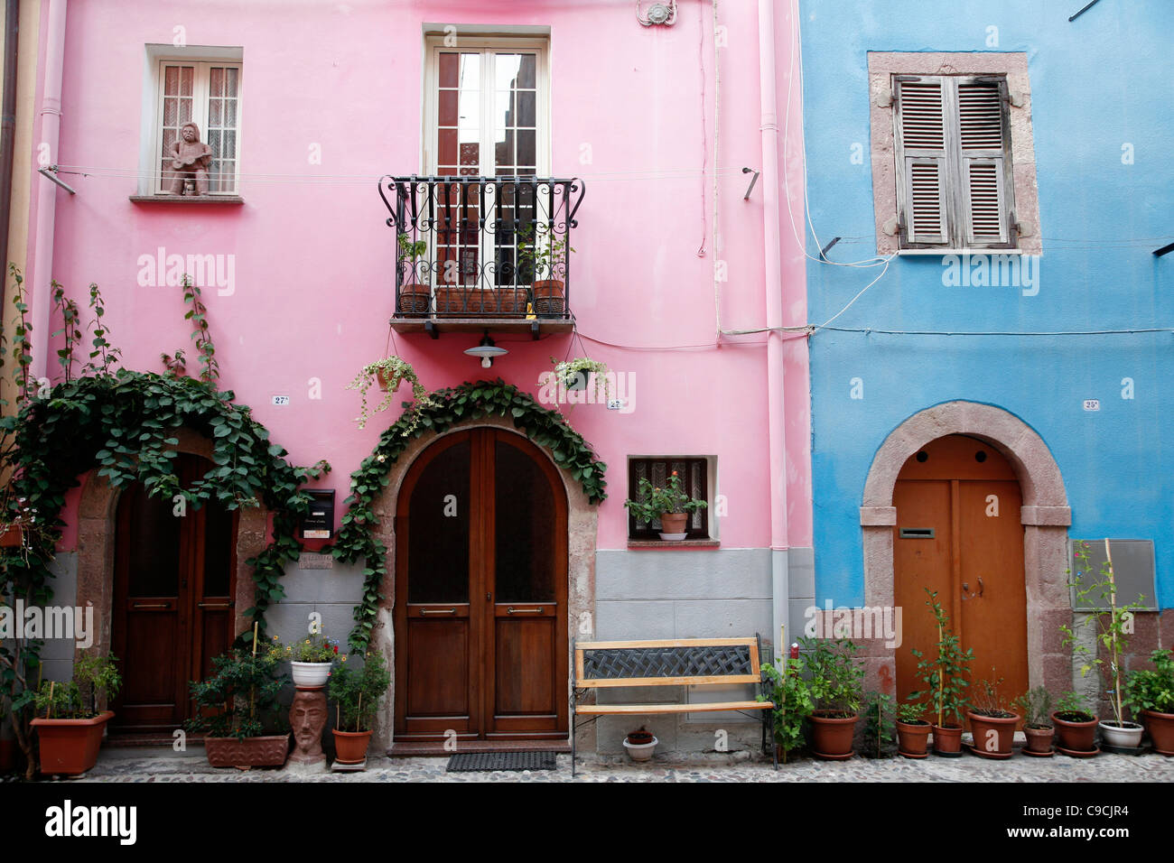 Detail of houses in the old city center, Bosa, Sardinia, Italy Stock