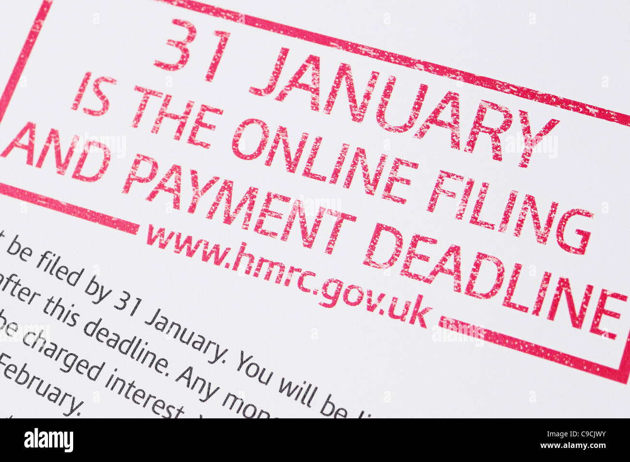 Tax Deadline Notice, Issued by HM Revenue and Customs, UK. Stock Photo