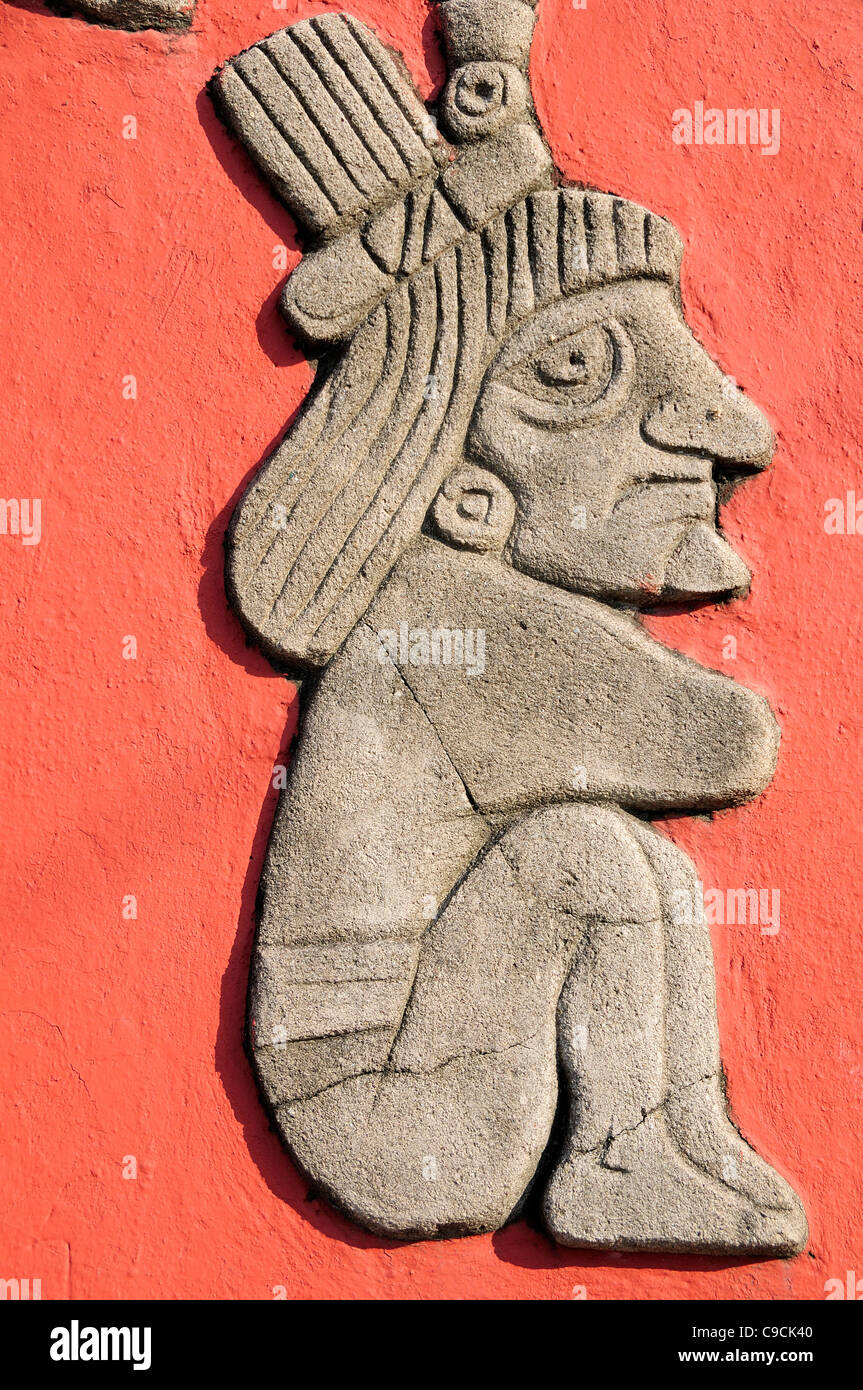 Mexico, Veracruz, Papantla, Detail of relief carving of Totonac figures on the Mural Cultural Totonaca in the Zocalo. Stock Photo