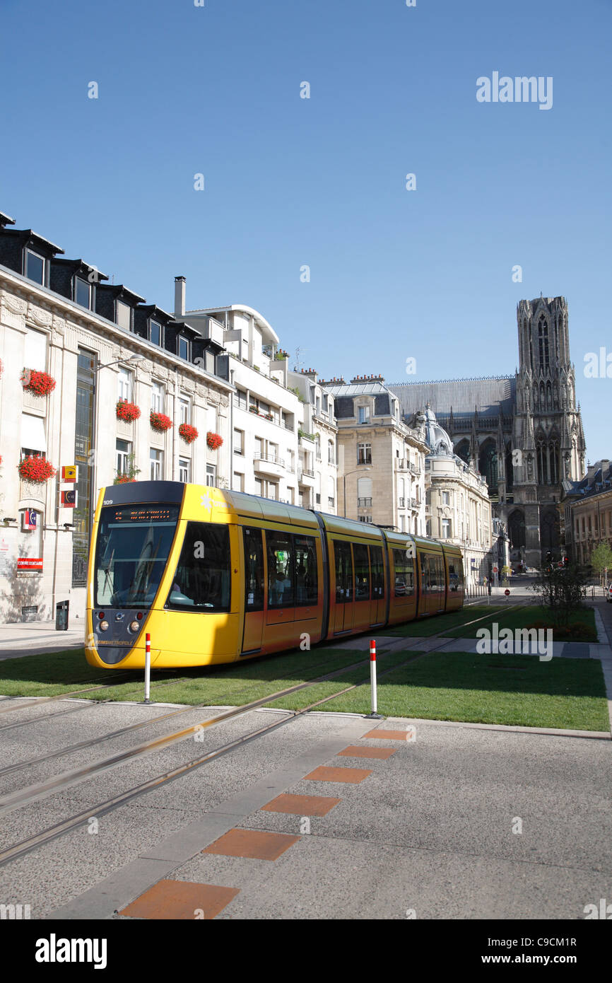 Tram, Cathedral, Street, Reims, France Stock Photo