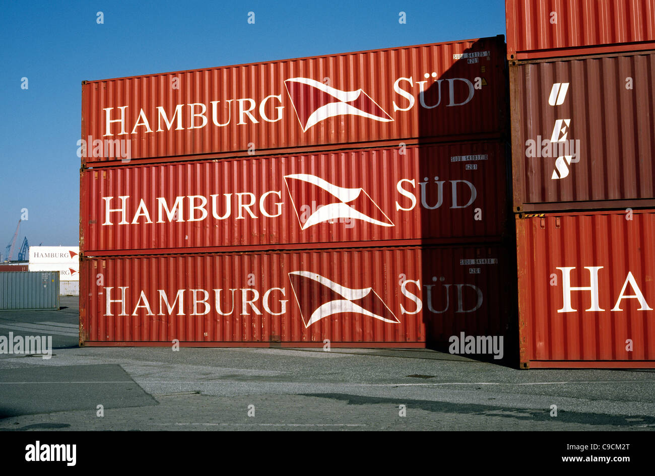 Hamburg Süd shipping containers in the port of Hamburg. Stock Photo