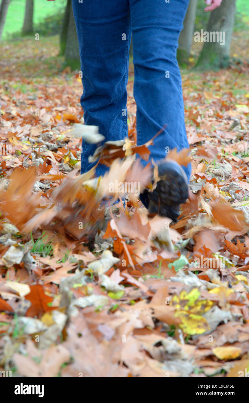 Child kicking autumn leaves hi-res stock photography and images - Alamy