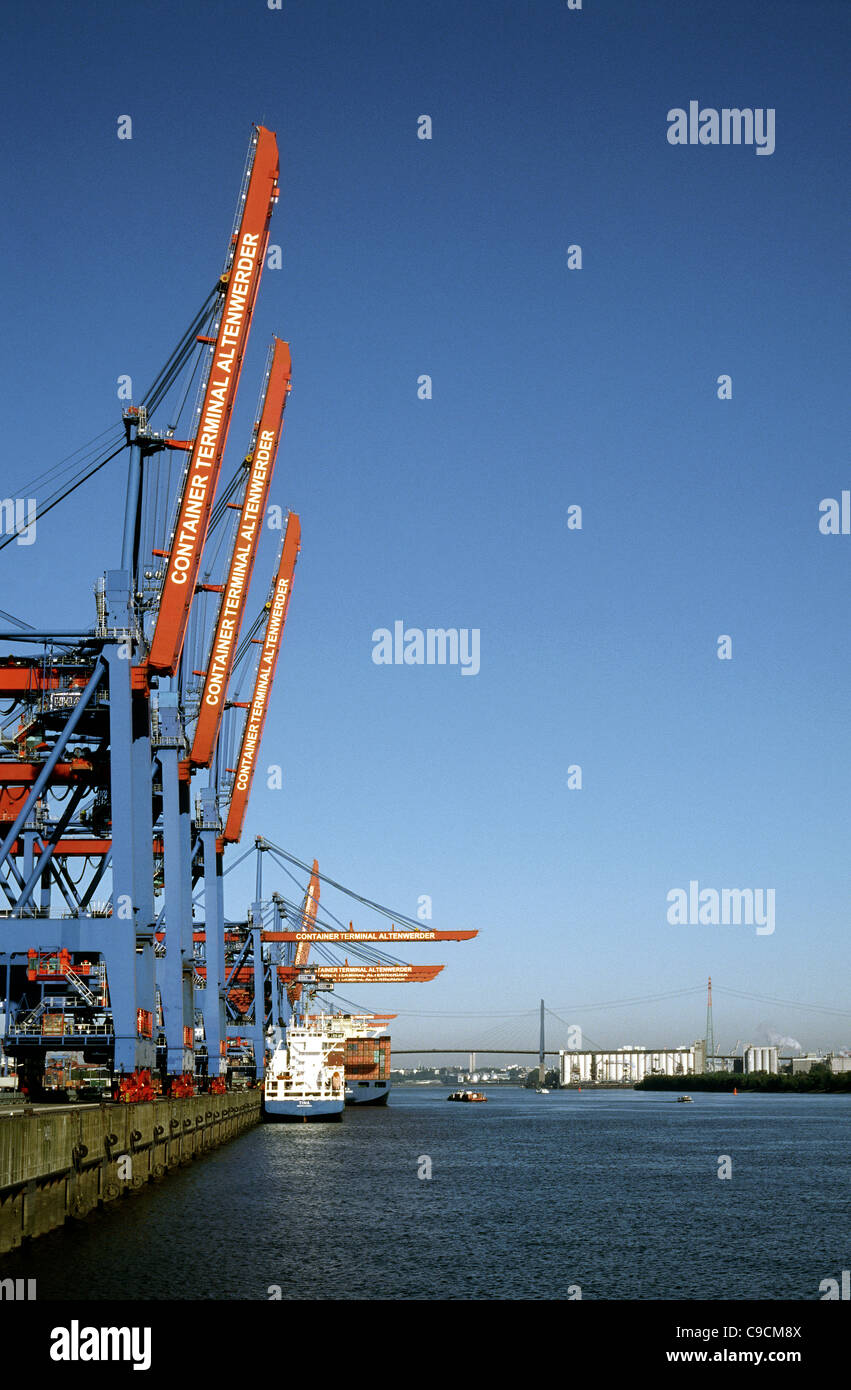 Siemens gantry cranes at Altenwerder Container Terminal in the port of Hamburg. Stock Photo