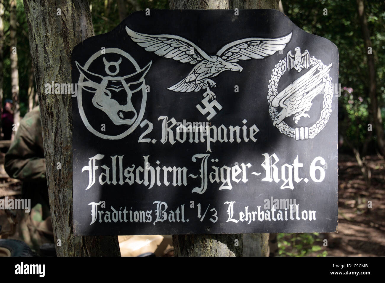 Sign on display at a German camp in the forest (re-enactment) camp at the 2011 War & Peace Show at Hop Farm, Kent, UK. Stock Photo
