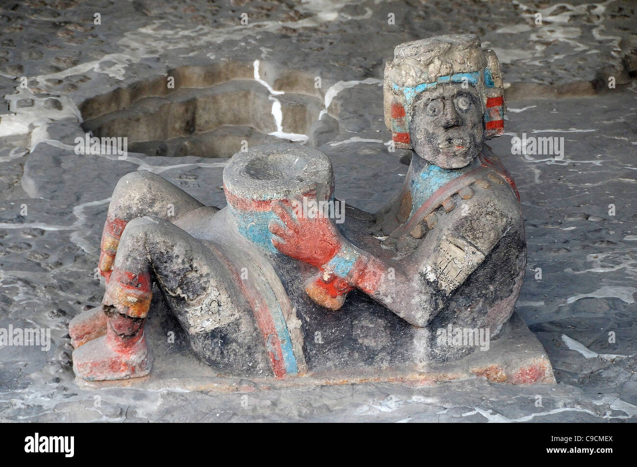 Mexico, Federal District, Mexico City, Chac Mool figure at the entrance to Tlaloc Shrine in the Templo Mayor Aztec temple ruins. Stock Photo
