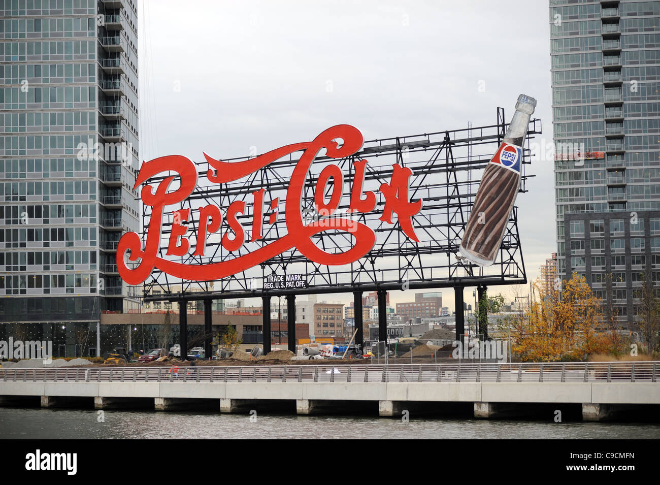 Famous Pepsi Cola neon sign on Long Island seen from tourist boat trip Manhattan New York NYC
