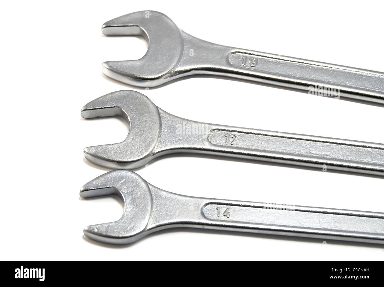 combination open-ended and box-ended three wrenches Stock Photo