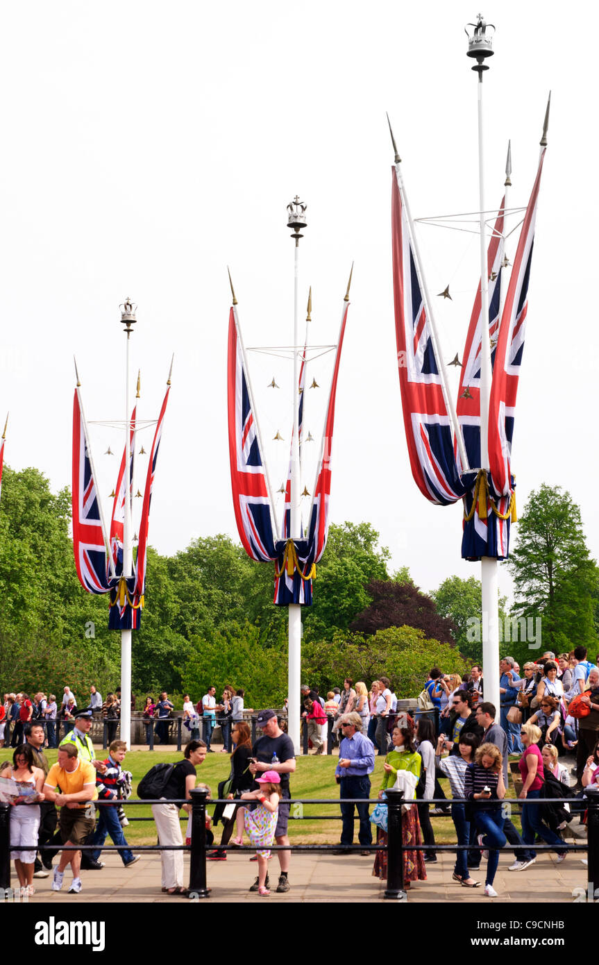 Union Jack flags on The Mall, outside Buckingham Palace, following the wedding of Prince William and Kate Middleton Stock Photo