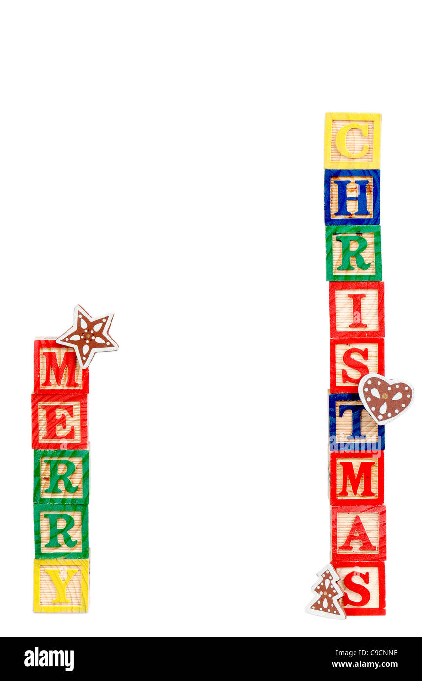 Merry Christmas in colorful children's block letters isolated on white