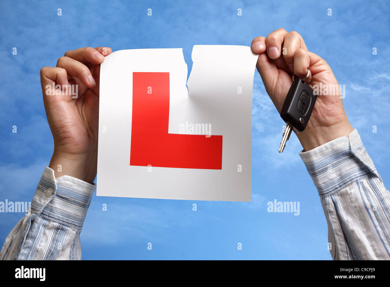 Tearing up L plate after passing driving test Stock Photo