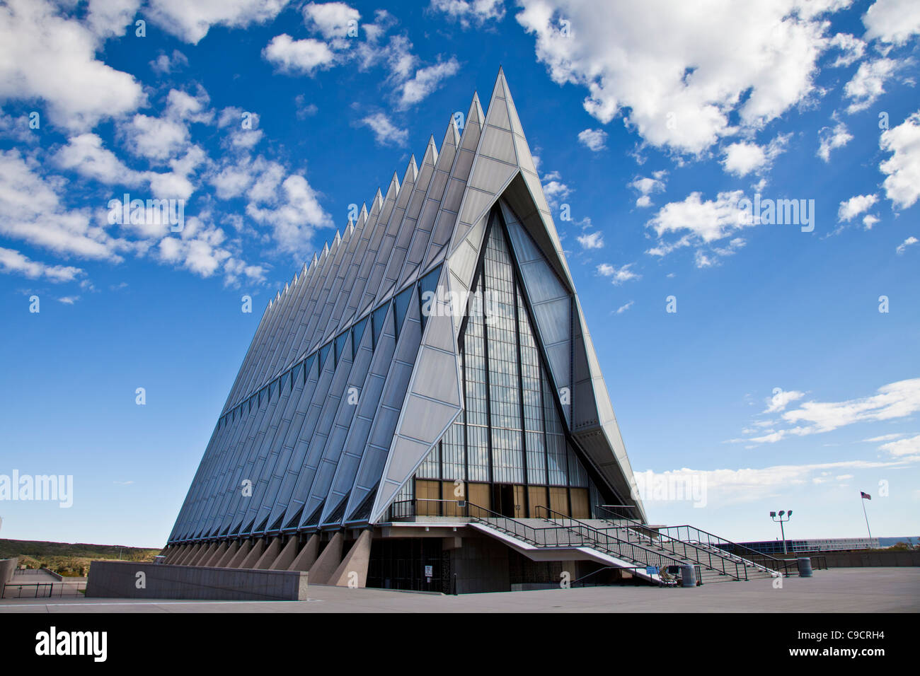 Air Force Academy Cadet Chapel, completed in 1962, at the United States Air Force Academy in Colorado Springs, Colorado. Stock Photo