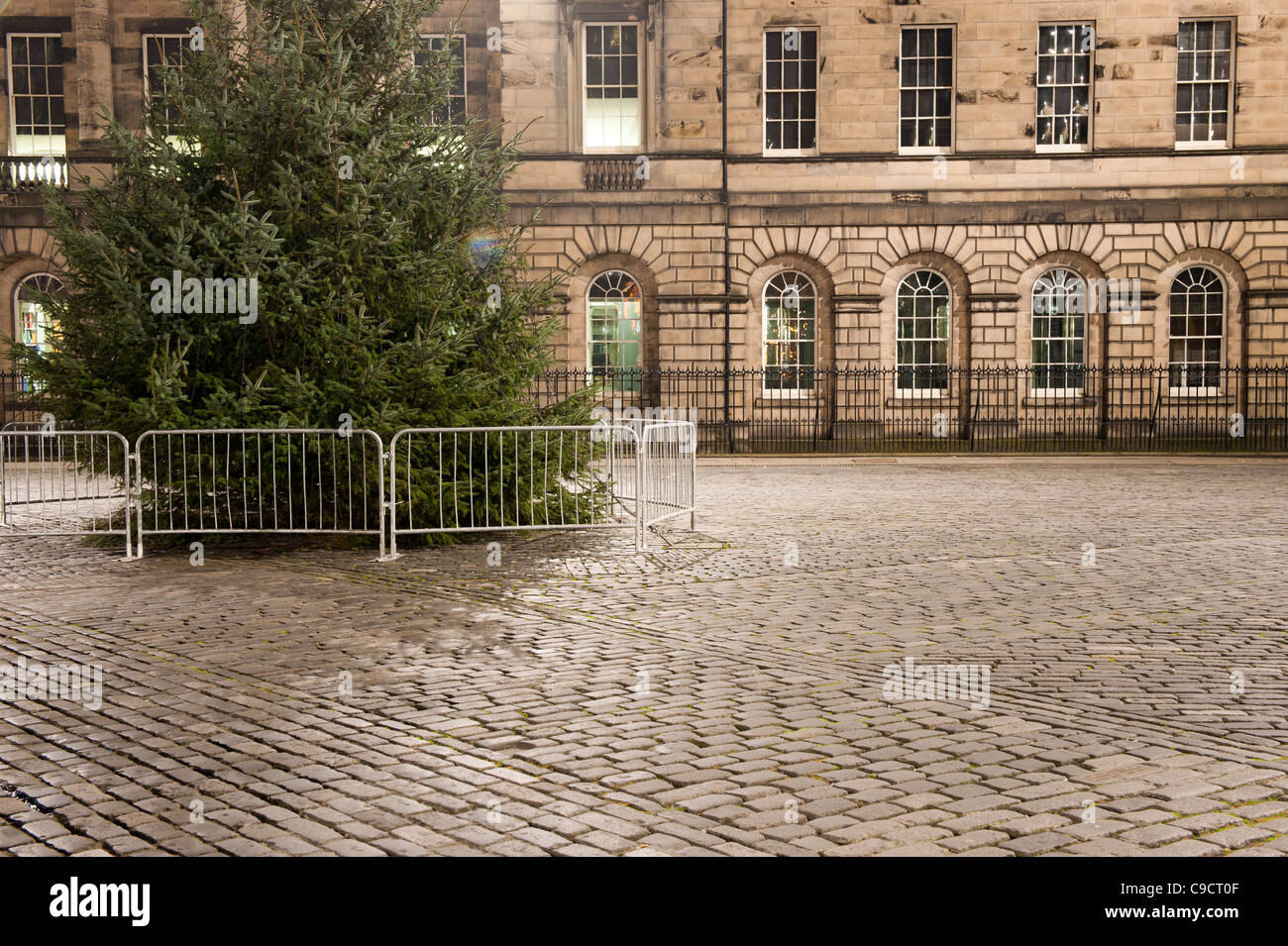 Erected Christmas tree situated in West Parliament Square photographed at night before being decorated. Edinburgh, Scotland Stock Photo