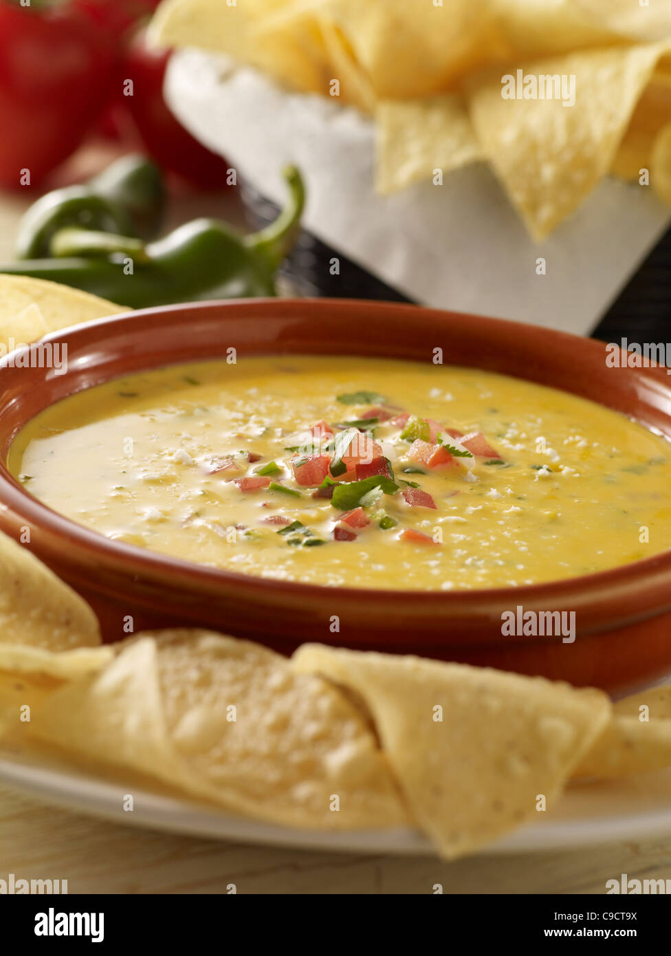Queso cheese dip with chips Stock Photo