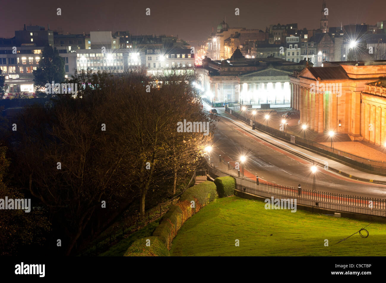 View of Edinburgh at night taken from Mound Place near Edinburgh Castle. Stock Photo