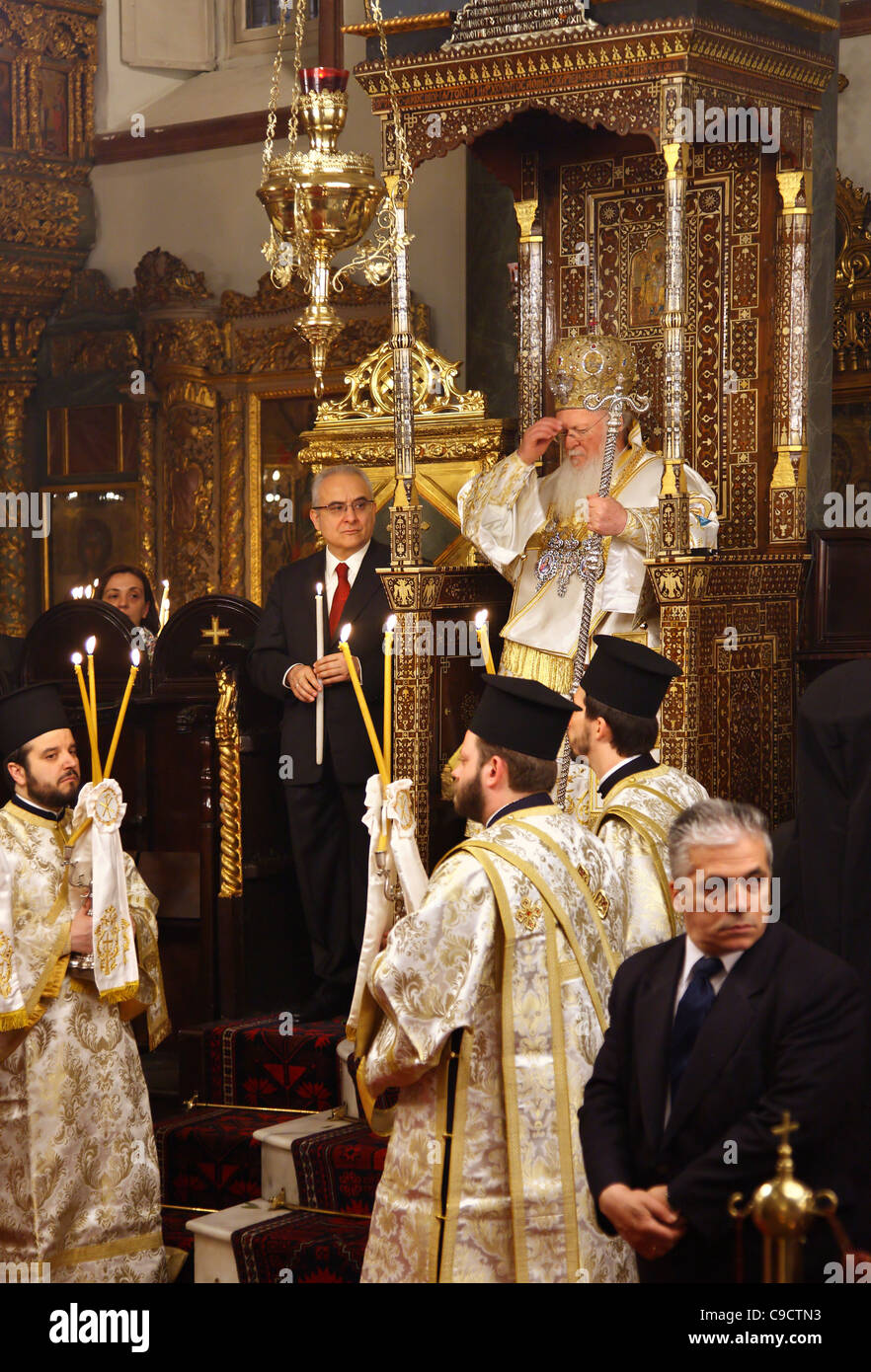 The Greek Orthodox Patriarch, Vartholomaios, on his Episcopal throne at the Patriarchal church of Saint George, Fener, Istanbul. Stock Photo
