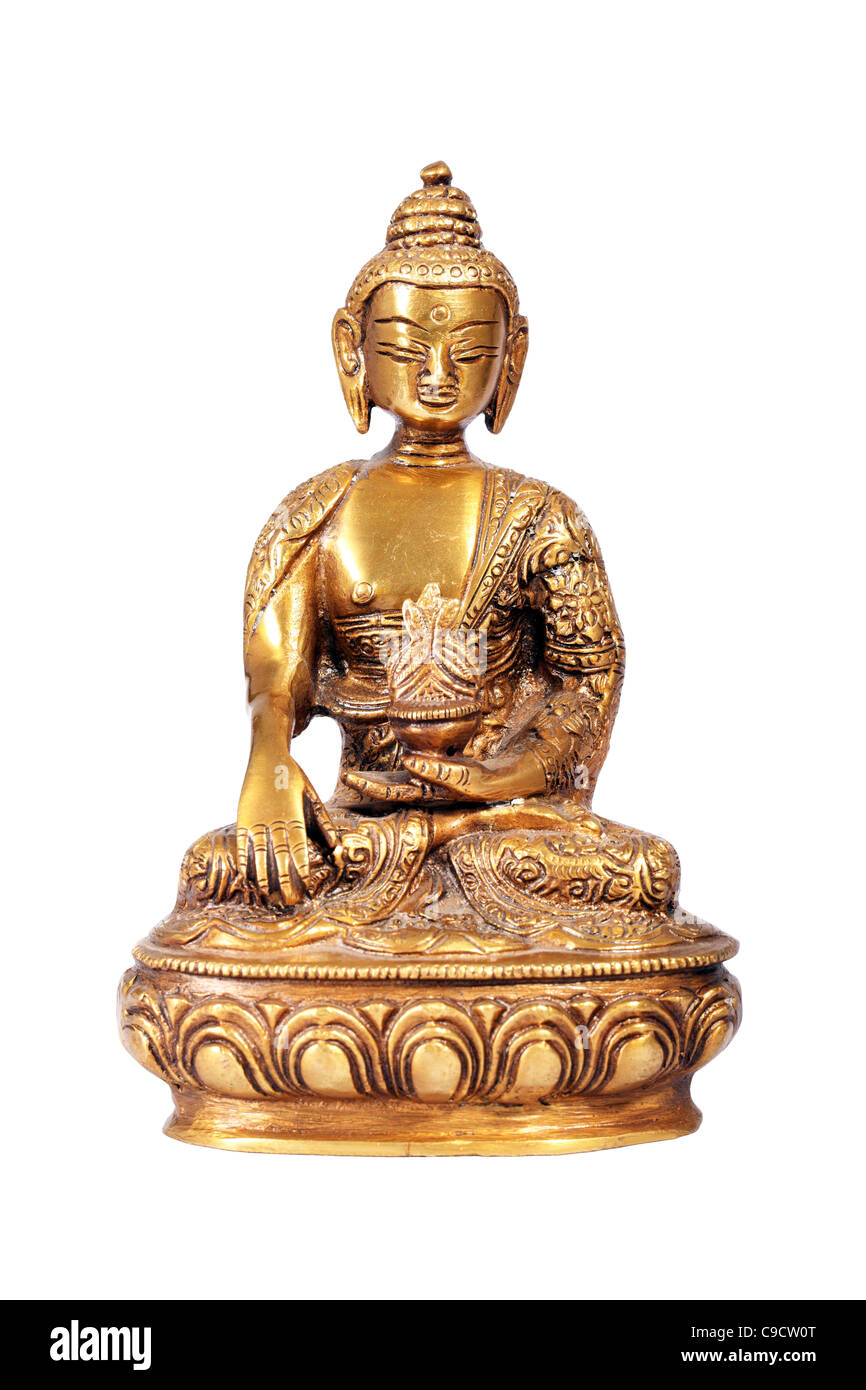 Brass Buddha statue isolated on white Stock Photo