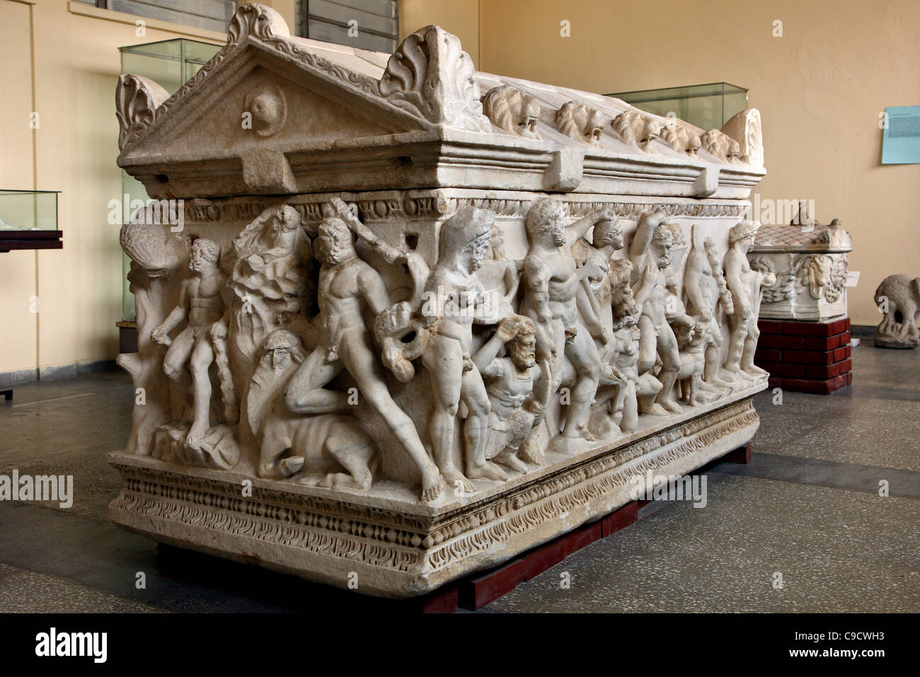The sarcophagus depicting the 12 labors of Hercules in the archaeological museum of Kayseri, Turkey Stock Photo
