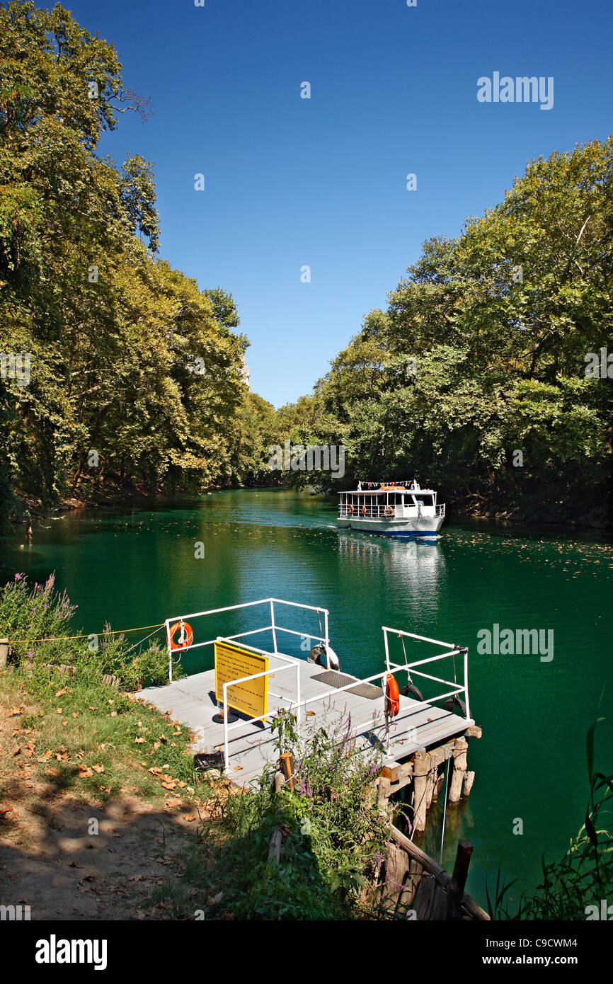 The only riverboat in Greece is this one making a small tour around Tempi valley, in Pineios river, Larissa, Thessaly, Greece Stock Photo