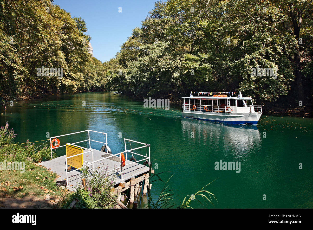 The only riverboat in Greece is this one making a small tour around Tempi valley, in Pineios river, Larissa, Thessaly, Greece Stock Photo