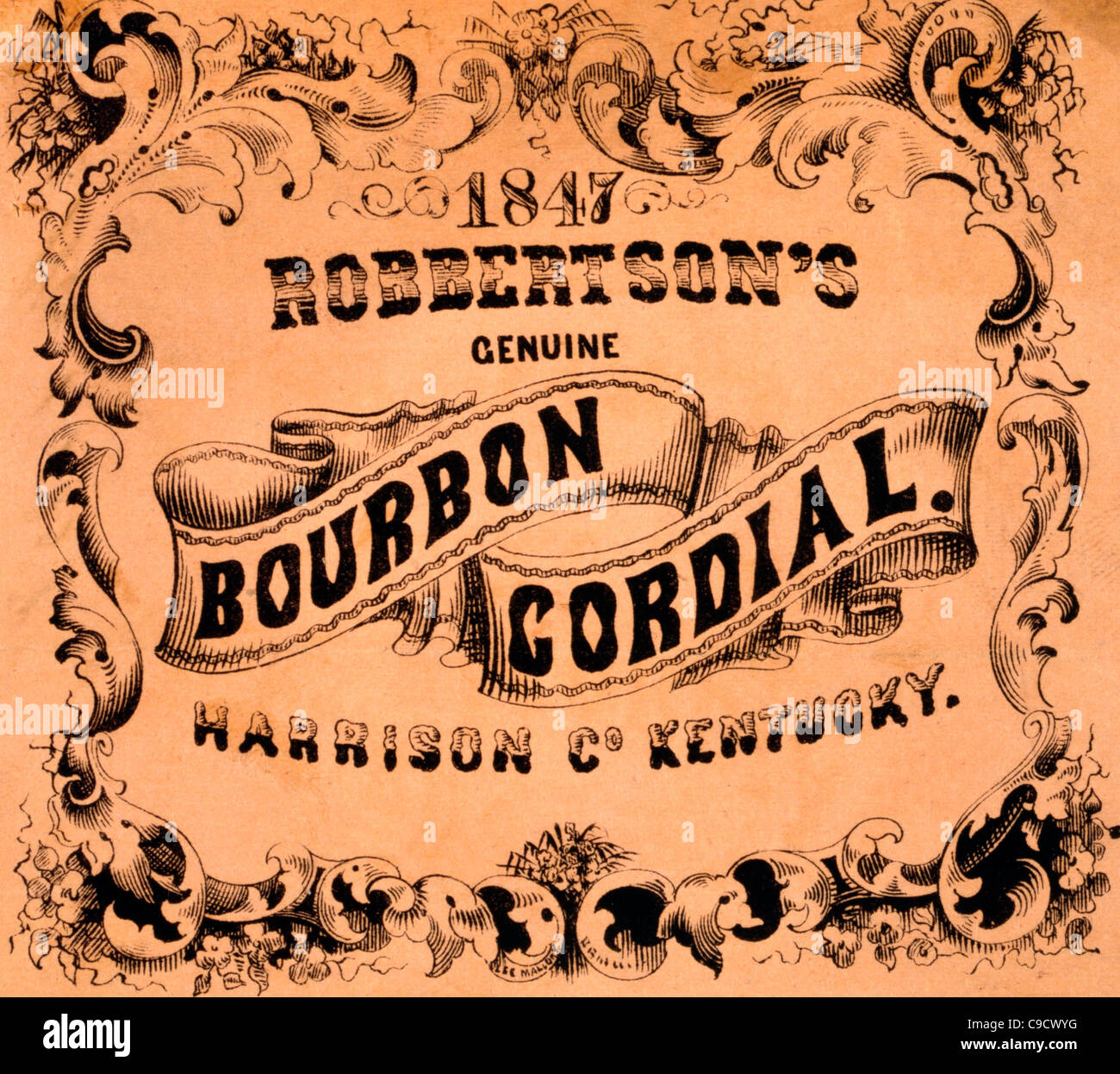 Robertson's Genuine Bourbon Cordial, Harrison County, Kentucky - Advertising Label circa 1857 Stock Photo