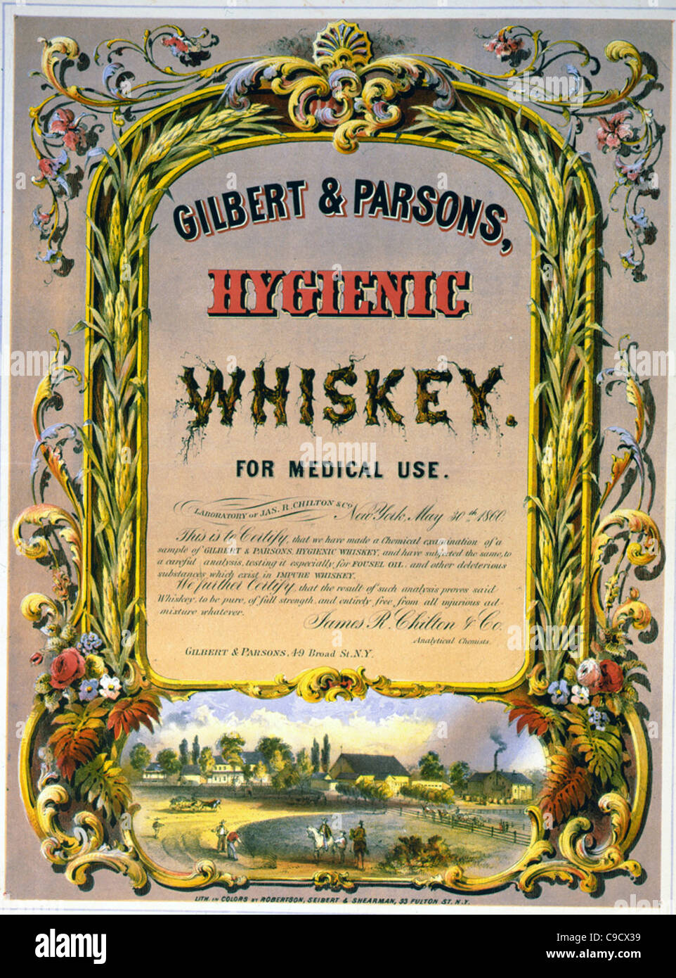 Gilbert & Parsons, hygienic whiskey for medical use Advertisement with ornate border, farm scene, and distillery, circa 1860 Stock Photo