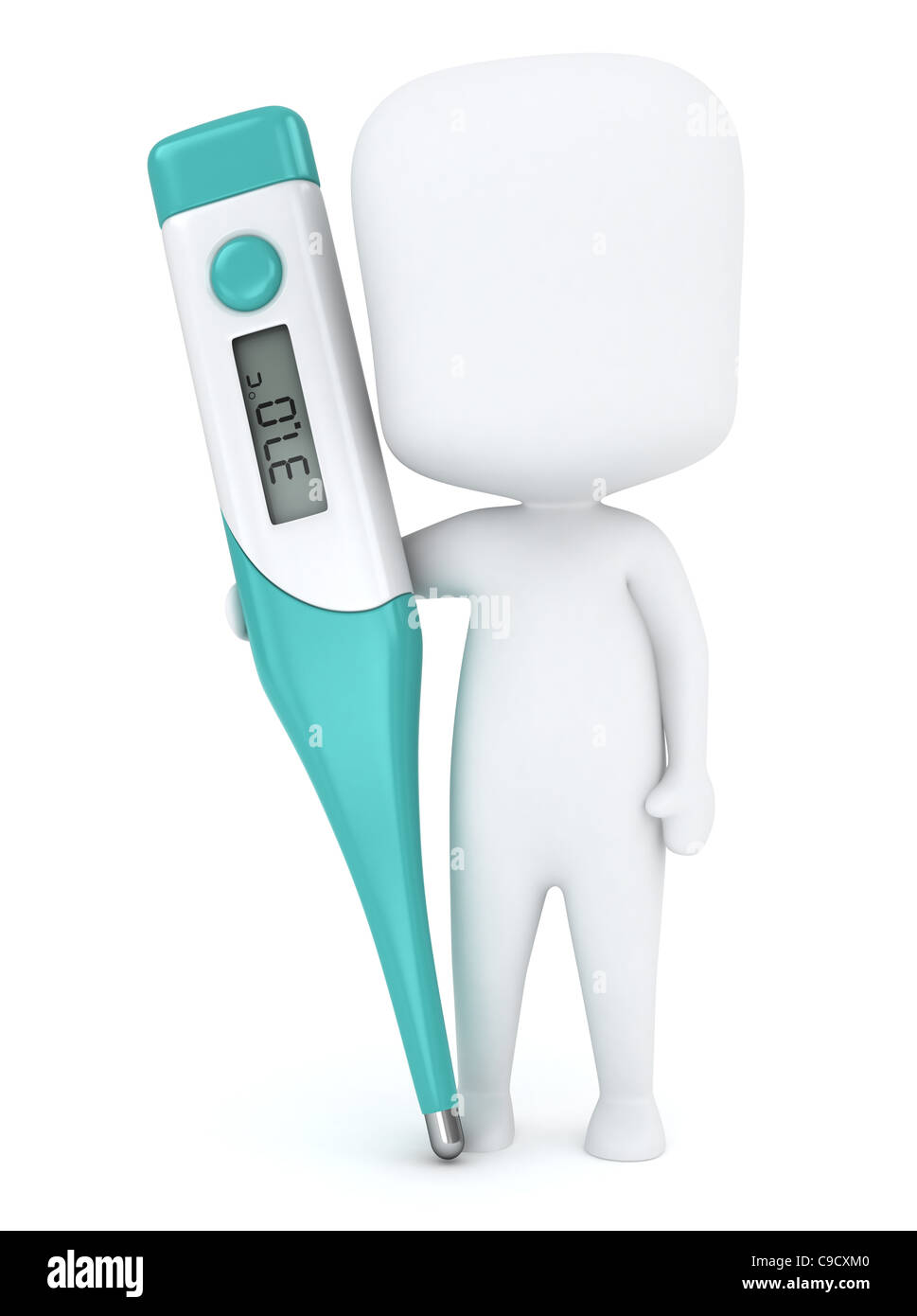 3D Illustration of a Kid Holding a Large Thermometer Stock Photo