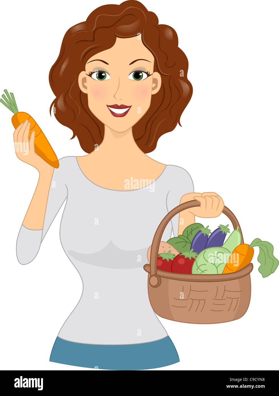 Illustration of a Girl Holding a Basket Full of Vegetables Stock Photo ...