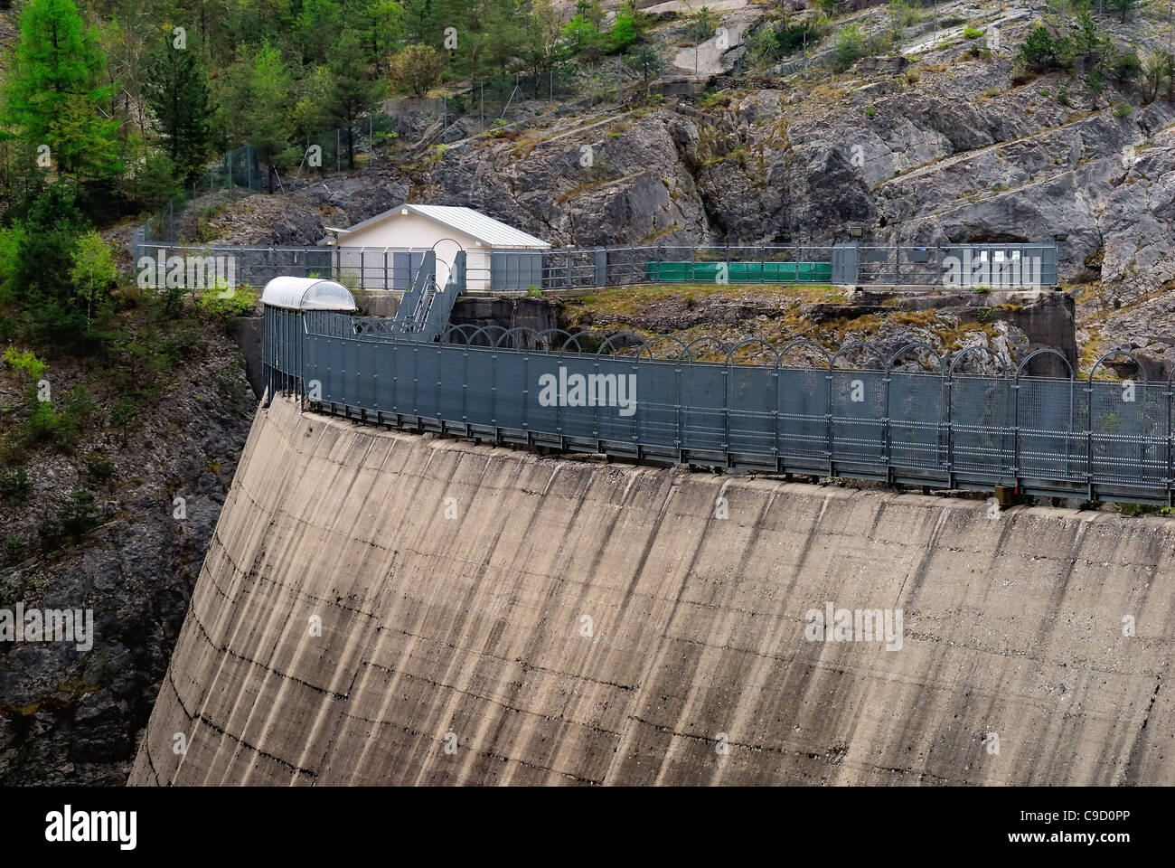 The Vajont Dam. The night of October, 9, 1963 a landslide caused a huge wave that went over the dam and fell into the valley. Stock Photo