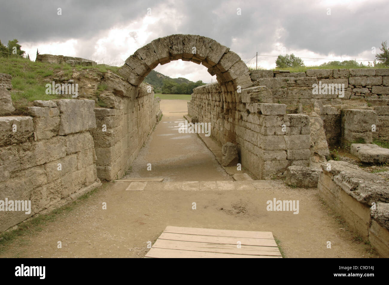 Greek Art. Sanctuary of Olympia. Olympic stadium. The vaulted tunnel leading out of the stadium. Hellenistic period. Stock Photo