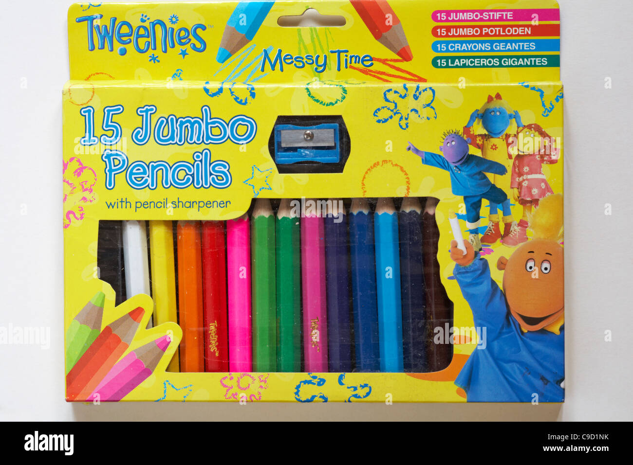 Box of Tweenies 15 Jumbo Pencils with pencil sharpener isolated on white background Stock Photo