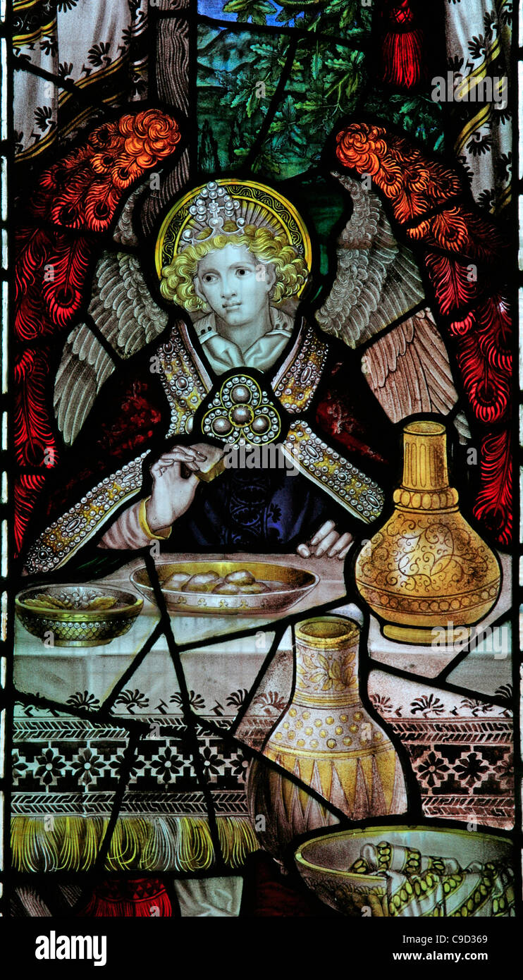 Stained glass window by the Kempe Studios depicting The Hospitality of Abraham, St Mary the Virgin Church, Cannington, Somerset Stock Photo