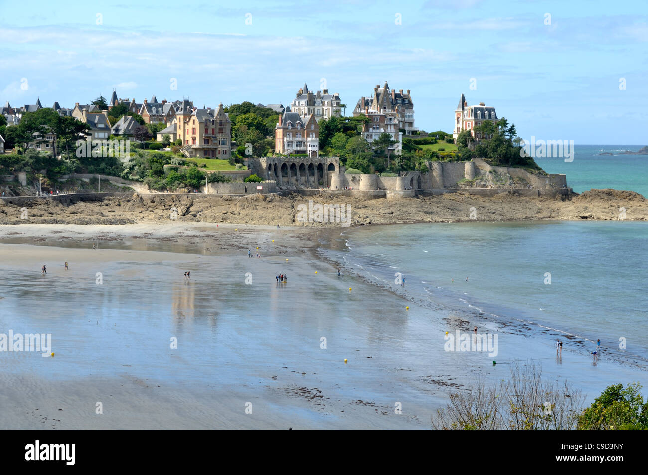 Ebb tide on the Ecluse beach and Malouine point in Dinard (Brittany, France). Stock Photo