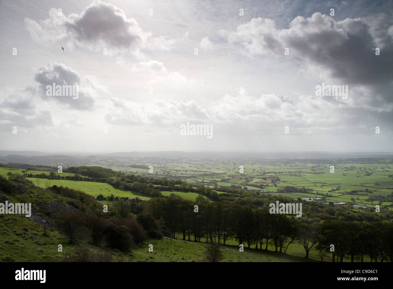 View from the Mendip Hills over the Somerset levels towards Glastonbury. Stock Photo