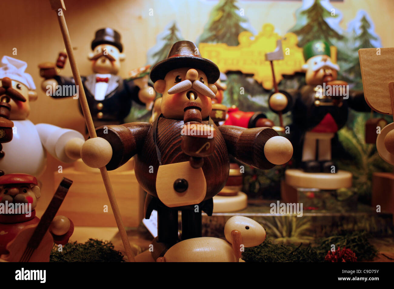 Traditional German wooden figures for sale at the Christmas market in