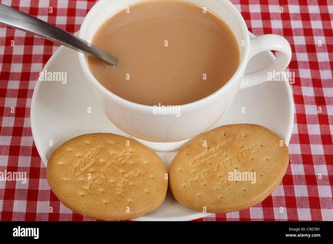 McVities Rich Tea biscuits with cup of tea Stock Photo Alamy