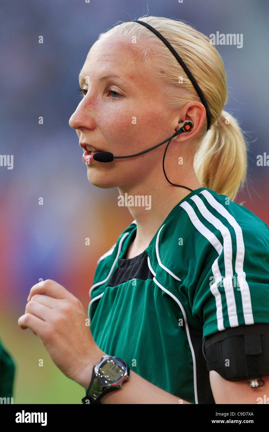 Assistant referee Anu Jokela talks into her headset during warmups before a  Women's World Cup match between France and Germany Stock Photo - Alamy
