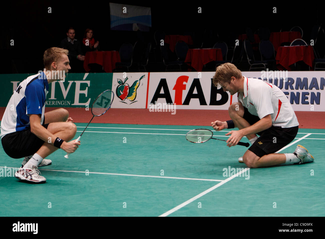Badminton players Mads Pieler Kolding (left) and Christian John Skovgaard (right) from Denmark celebrate Stock Photo