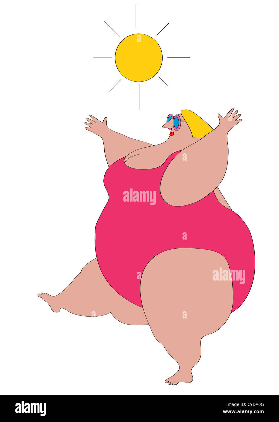 Overweight woman wearing swimsuit exercising, illustration Stock Photo