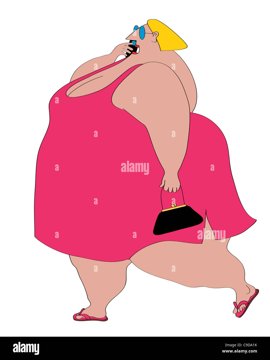 fat lady in pink dress Overweight woman wearing pink dress talking on mobile phone, illustration  Stock Photo