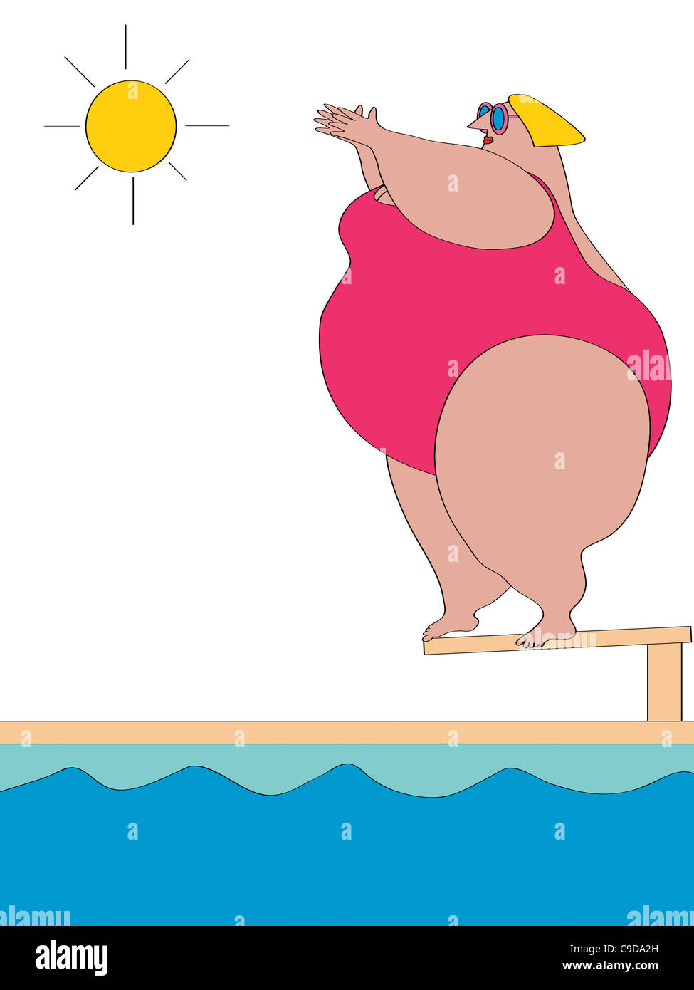 Overweight woman standing on edge of diving board, illustration Stock Photo