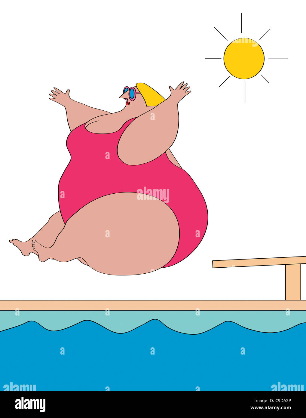 Overweight woman jumping into swimming pool, illustration Stock Photo