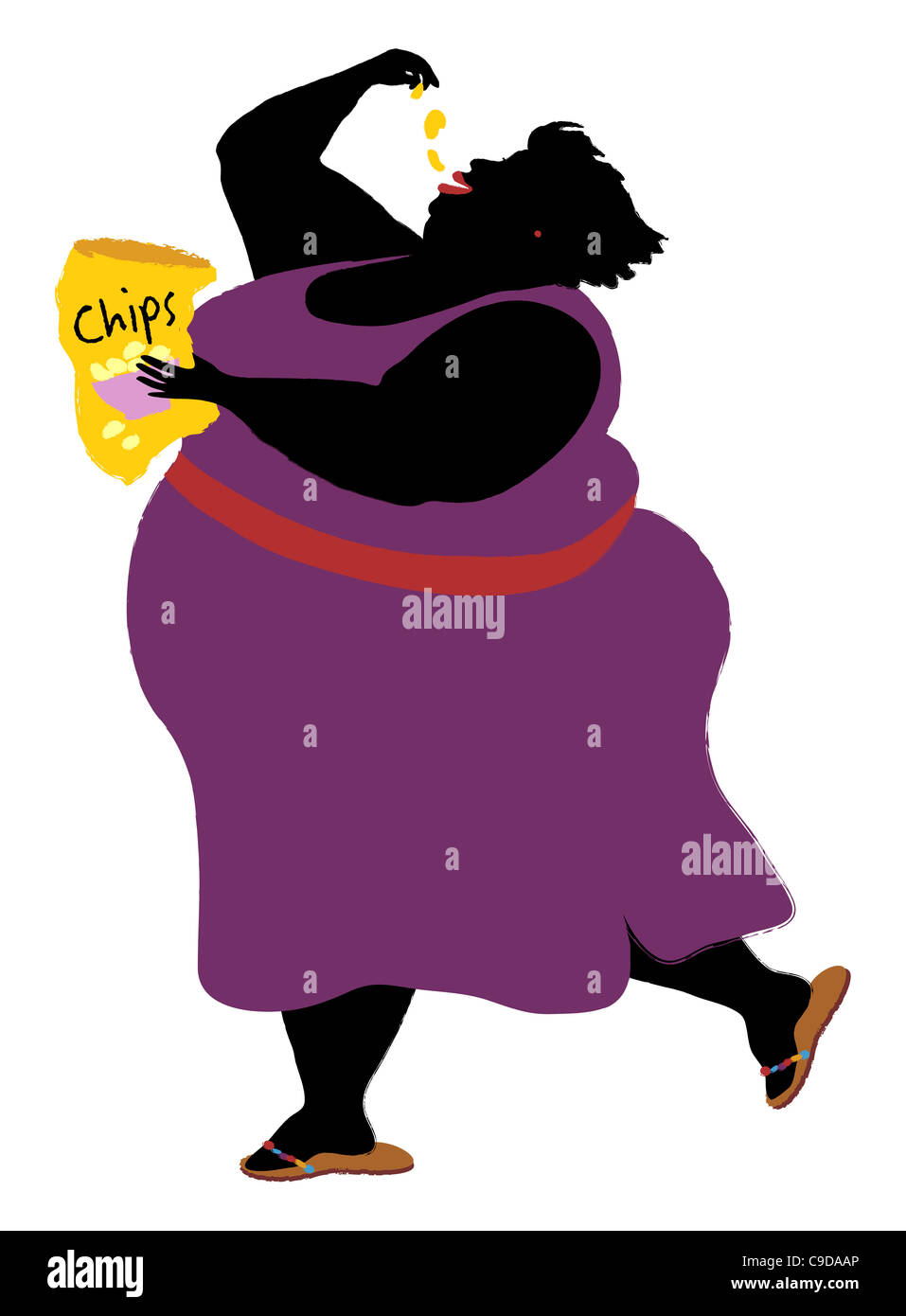 Overweight woman eating chips, illustration Stock Photo