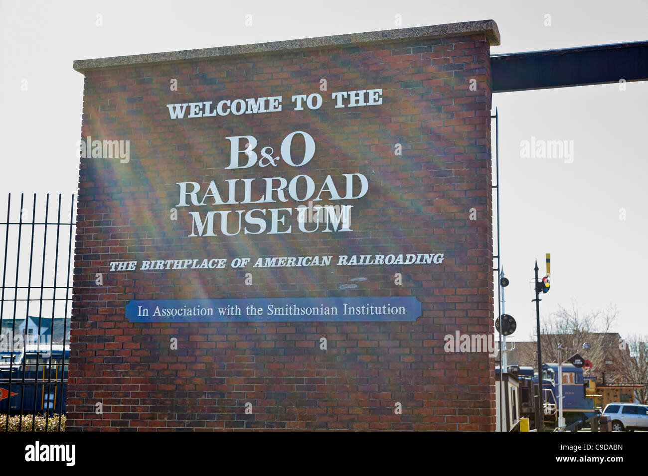 The entrance to and sign for the B&O Railroad Museum, Baltimore, Maryland. Stock Photo