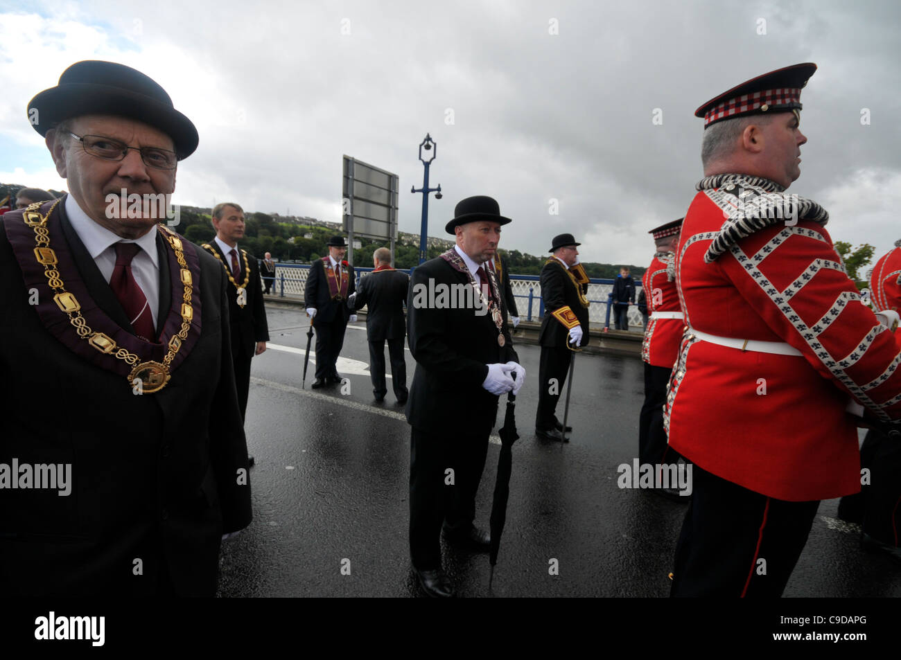Members of the Apprentice Boys of Derry and bandsmen preparing to march in the annual parade in Londonderry, Northern Ireland. Stock Photo