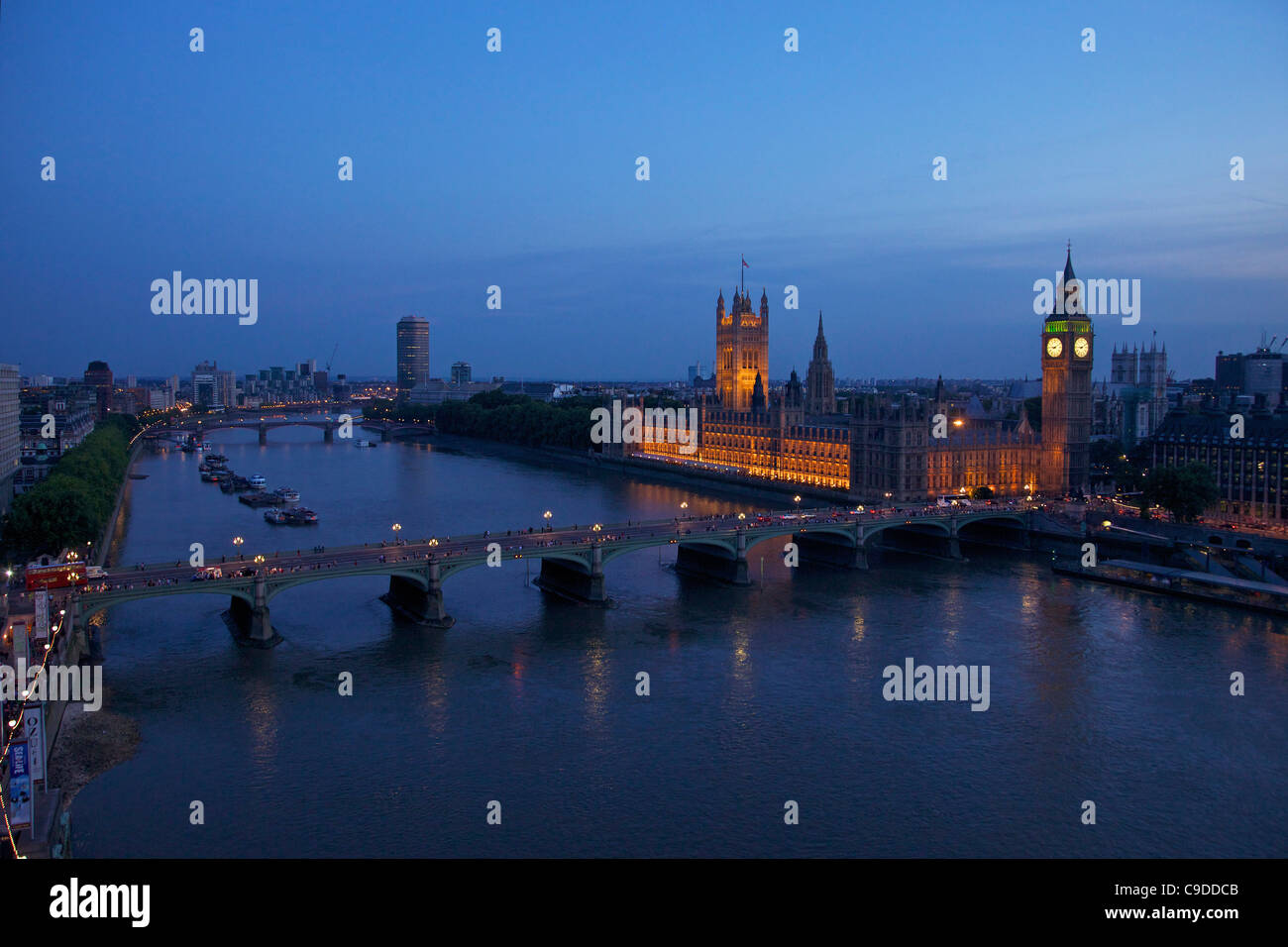 Aerial view of Houses of Parliament, Big Ben and the River Thames from the London Eye at dusk,  London,  England, UK, United Kin Stock Photo